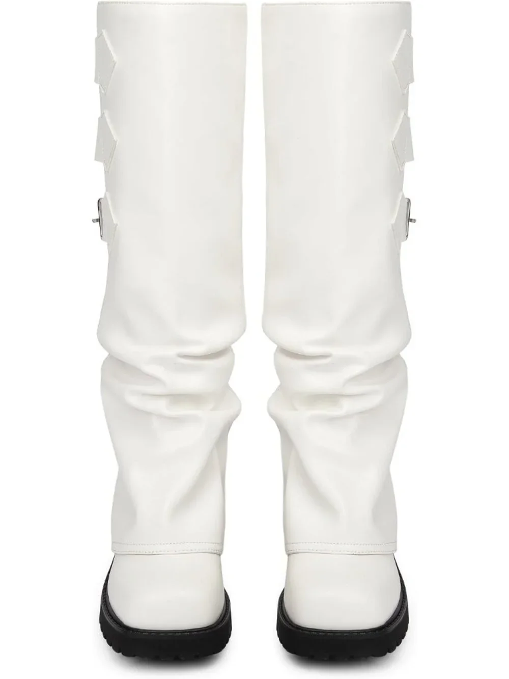 Women's White Block Heeled Square Toe Fold Over Knee High Moto Riding Boots